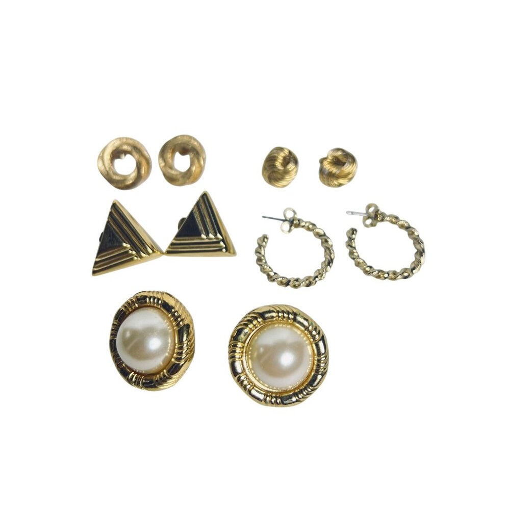 Lot Of 5 Gold Tone Pierced Earrings W/ Pearl & Geometric Designs (6106)
